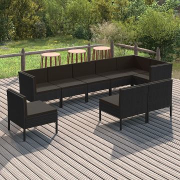 vidaXL Sodo komplektas su pagalvėlėmis, 9 dalių, juodas, poliratanas