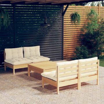 vidaXL Sodo komplektas su kreminėmis pagalvėlėmis, 5 dalių, pušis
