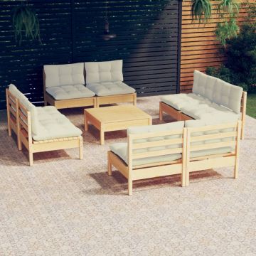 vidaXL Sodo komplektas su kreminėmis pagalvėlėmis, 9 dalių, pušis
