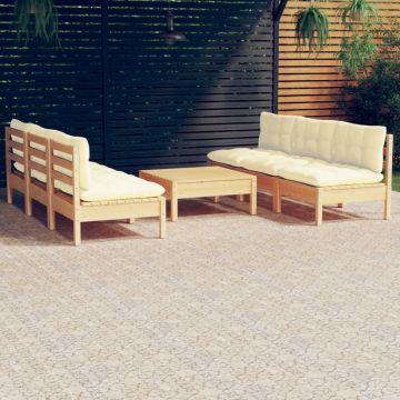 vidaXL Sodo komplektas su kreminėmis pagalvėlėmis, 7 dalių, pušis