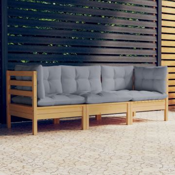 vidaXL Trivietė sodo sofa su pilkomis pagalvėlėmis, pušies masyvas