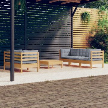 vidaXL Sodo komplektas su pilkomis pagalvėmis, 6 dalių, pušis