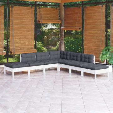 vidaXL Sodo komplektas su pagalvėmis, 7 dalių, baltas, pušies masyvas