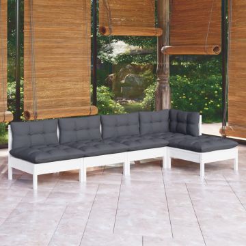 vidaXL Sodo komplektas su pagalvėmis, 5 dalių, baltas, pušies mediena