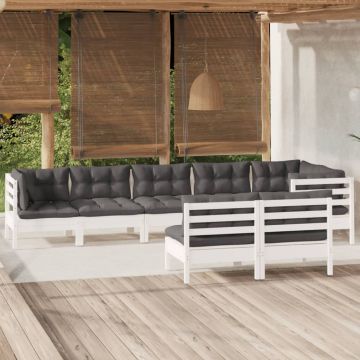 vidaXL Sodo komplektas su pagalvėmis, 8 dalių, baltas, pušies masyvas