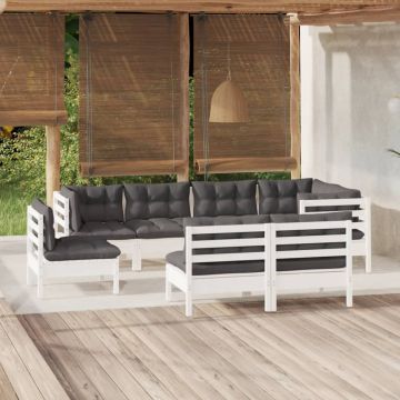 vidaXL Sodo komplektas su pagalvėmis, 8 dalių, baltas, pušies masyvas