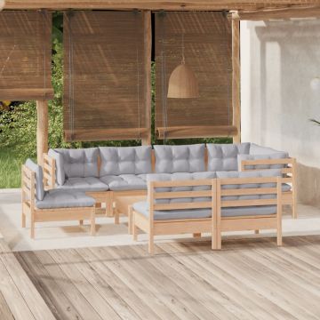 vidaXL Sodo komplektas su pilkomis pagalvėmis, 9 dalių, pušis
