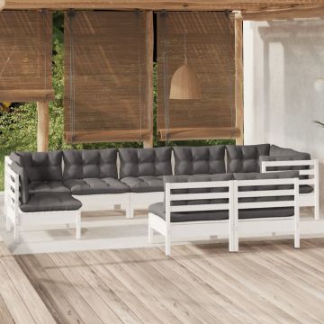 vidaXL Sodo komplektas su pagalvėmis, 9 dalių, baltas, pušies masyvas