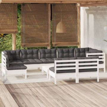 vidaXL Sodo komplektas su pagalvėmis, 10 dalių, baltas, pušies masyvas