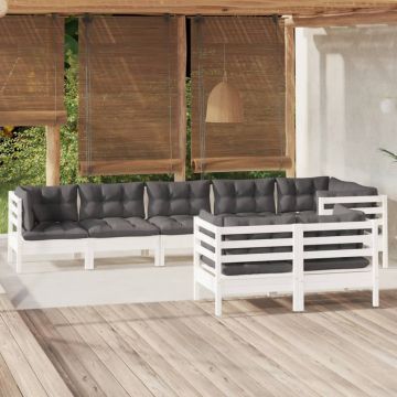 vidaXL Sodo komplektas su pagalvėmis, 8 dalių, baltas, pušies masyvas