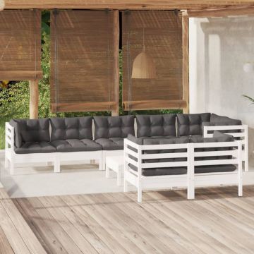 vidaXL Sodo komplektas su pagalvėmis, 9 dalių, baltas, pušies masyvas