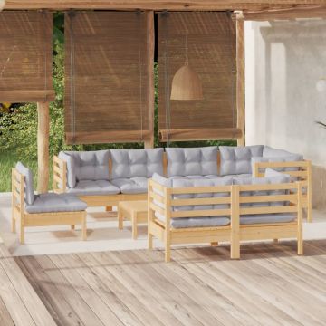 vidaXL Sodo komplektas su pilkomis pagalvėmis, 9 dalių, pušis