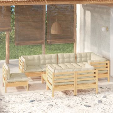 vidaXL Sodo komplektas su kreminėmis pagalvėlėmis, 9 dalių, pušis
