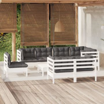 vidaXL Sodo komplektas su pagalvėmis, 9 dalių, baltas, pušies masyvas