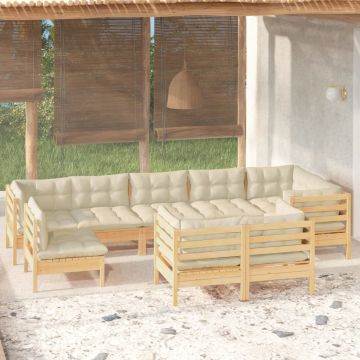 vidaXL Sodo komplektas su kreminėmis pagalvėlėmis, 9 dalių, pušis