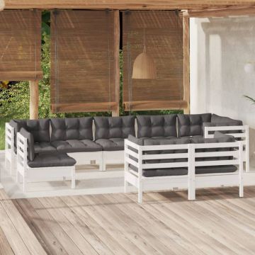 vidaXL Sodo komplektas su pagalvėmis, 9 dalių, baltas, pušies masyvas
