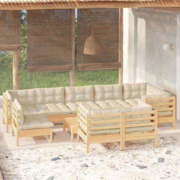vidaXL Sodo komplektas su kreminėmis pagalvėlėmis, 10 dalių, pušis