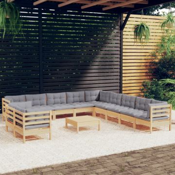 vidaXL Sodo komplektas su pilkomis pagalvėmis, 12 dalių, pušis