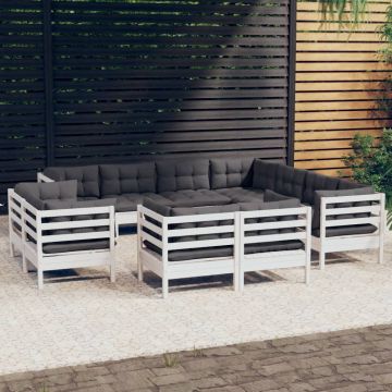 vidaXL Sodo komplektas su pagalvėmis, 11 dalių, baltas, pušies masyvas