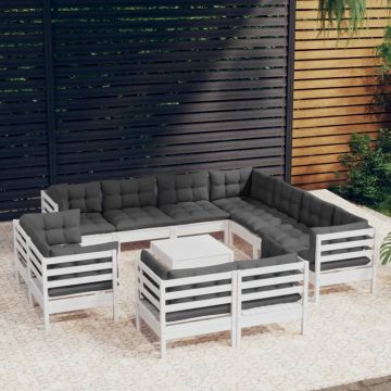 vidaXL Sodo komplektas su pagalvėmis, 12 dalių, baltas, pušies masyvas
