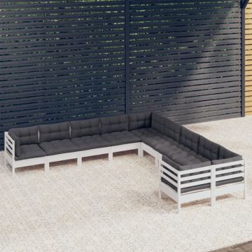 vidaXL Sodo komplektas su pagalvėmis, 10 dalių, baltas, pušies mediena
