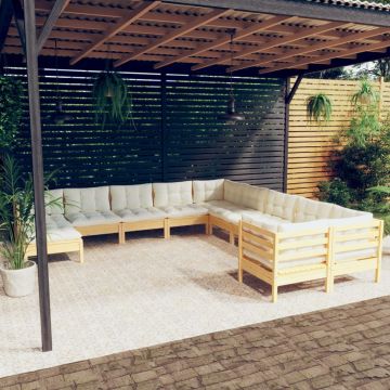 vidaXL Sodo komplektas su kreminėmis pagalvėlėmis, 11 dalių, pušis