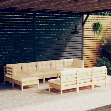 vidaXL Sodo komplektas su kreminėmis pagalvėlėmis, 10 dalių, pušis