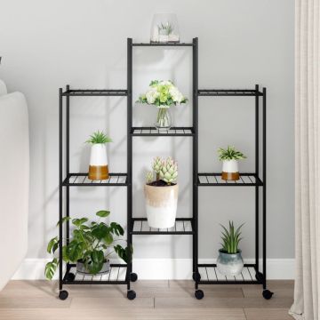 vidaXL Stovas gėlėms su ratukais, juodas, 83x25x103,5cm, geležis