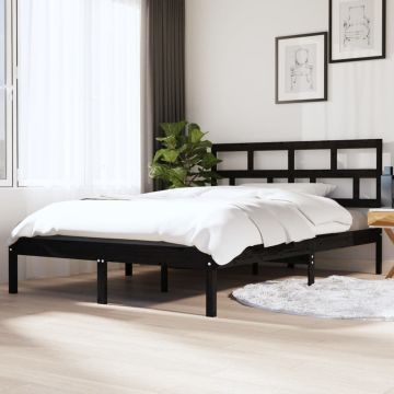 vidaXL Lovos rėmas, juodas, 135x190cm, medienos masyvas, dvivietis