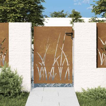 vidaXL Sodo vartai, 85x125 cm, Corten plienas, žolės raštas