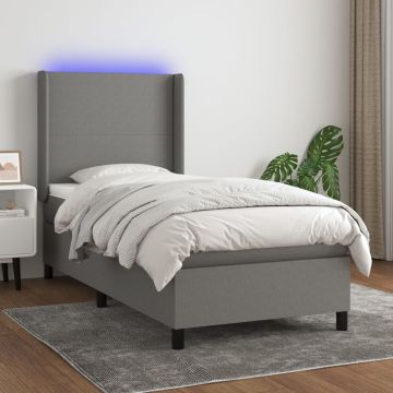 vidaXL Lova su spyruoklėmis/čiužiniu/LED, pilka, 90x190 cm, audinys