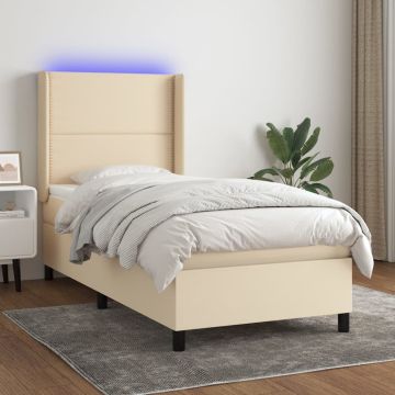 vidaXL Lova su spyruoklėmis/čiužiniu/LED, kreminė, 100x200 cm, audinys