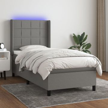 vidaXL Lova su spyruoklėmis/čiužiniu/LED, pilka, 100x200 cm, audinys