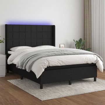 vidaXL Lova su spyruoklėmis/čiužiniu/LED, juoda, 140x190 cm, audinys