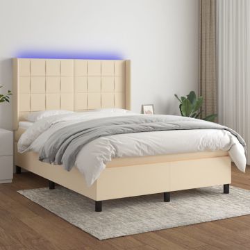 vidaXL Lova su spyruoklėmis/čiužiniu/LED, kreminė, 140x190 cm, audinys