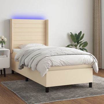 vidaXL Lova su spyruoklėmis/čiužiniu/LED, kreminė, 90x190 cm, audinys