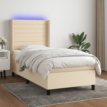 vidaXL Lova su spyruoklėmis/čiužiniu/LED, kreminė, 100x200 cm, audinys