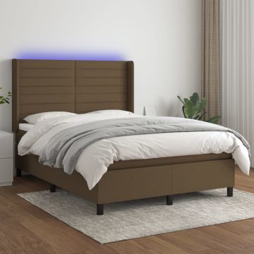 vidaXL Lova su spyruoklėmis/čiužiniu/LED, ruda, 140x190 cm, audinys