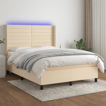vidaXL Lova su spyruoklėmis/čiužiniu/LED, kreminė, 140x190 cm, audinys