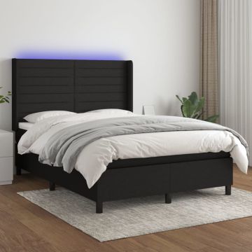 vidaXL Lova su spyruoklėmis/čiužiniu/LED, juoda, 140x200 cm, audinys