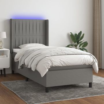 vidaXL Lova su spyruoklėmis/čiužiniu/LED, pilka, 90x190 cm, audinys
