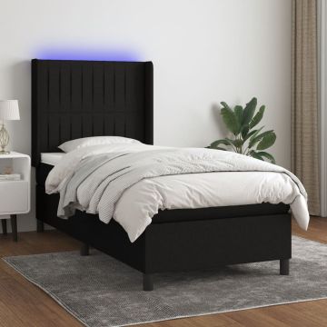 vidaXL Lova su spyruoklėmis/čiužiniu/LED, juoda, 90x190 cm, audinys