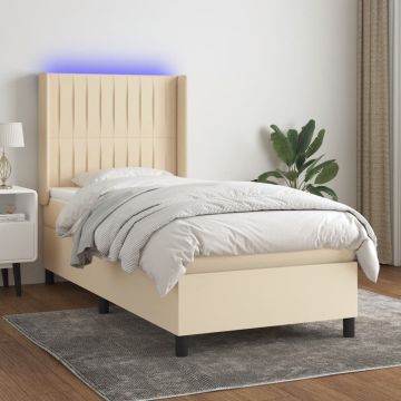 vidaXL Lova su spyruoklėmis/čiužiniu/LED, kreminė, 90x200 cm, audinys