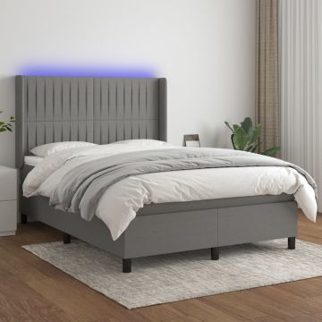 vidaXL Lova su spyruoklėmis/čiužiniu/LED, pilka, 140x190 cm, audinys