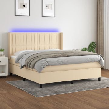 vidaXL Lova su spyruoklėmis/čiužiniu/LED, kreminė, 180x200 cm, audinys