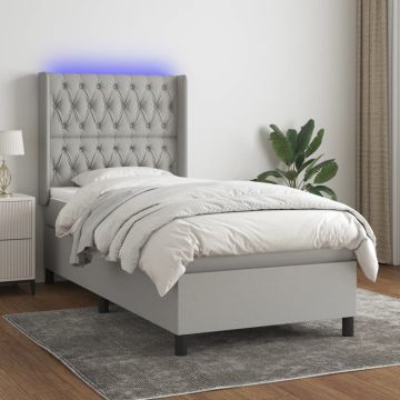 vidaXL Lova su spyruoklėmis/čiužiniu/LED, pilka, 90x190 cm, audinys