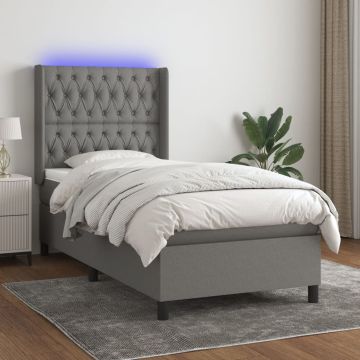 vidaXL Lova su spyruoklėmis/čiužiniu/LED, pilka, 90x190 cm, audinys