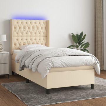 vidaXL Lova su spyruoklėmis/čiužiniu/LED, kreminė, 90x190 cm, audinys