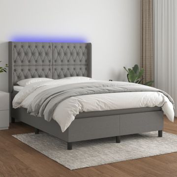 vidaXL Lova su spyruoklėmis/čiužiniu/LED, pilka, 140x190 cm, audinys