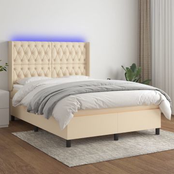 vidaXL Lova su spyruoklėmis/čiužiniu/LED, kreminė, 140x190 cm, audinys